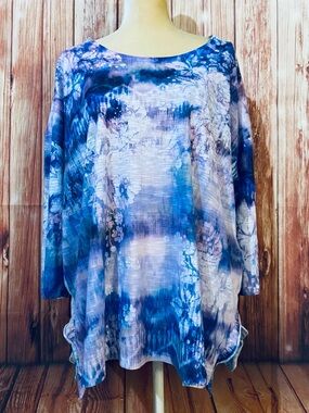 Women’s XL Blouse Time Tru Purple Tie Dye Floral 3/4 Sleeves Rhinestones Soft